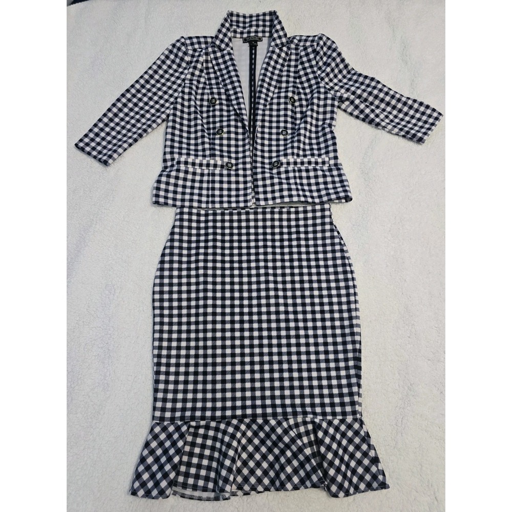 NYCC New York 2 Pc Navy & White Gingham Blazer Ruffled Skirt Set Size M